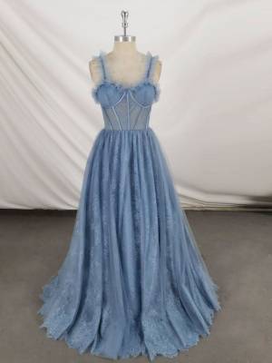 Gray/Blue Tulle Lace Sweetheart Long Prom Formal Dress