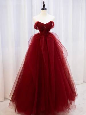 Burgundy Tulle Lace Off-the-shoulder Long Prom Evening Dress
