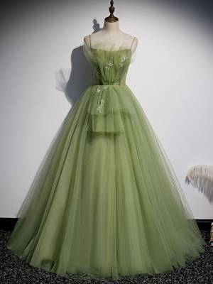 A Line Floor Length Green Tulle Sweep/Brush Train Prom Dress