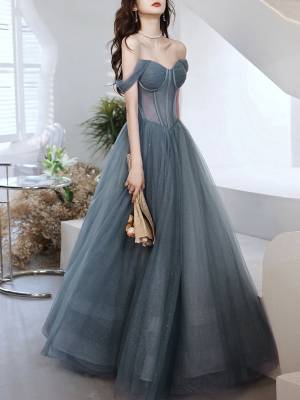 A-line Gray/Blue Tulle Off Shoulder Long Prom Evening Dress