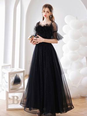 Black Tulle A-line Long Prom Formal Party Dress