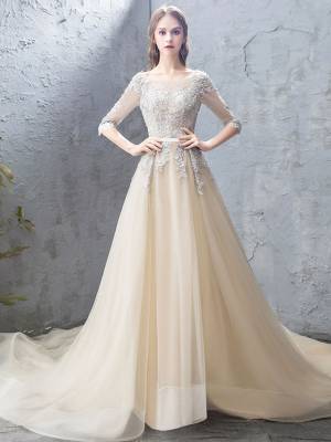 Champagne Tulle Lace Round Neck Long Prom Evening Dress