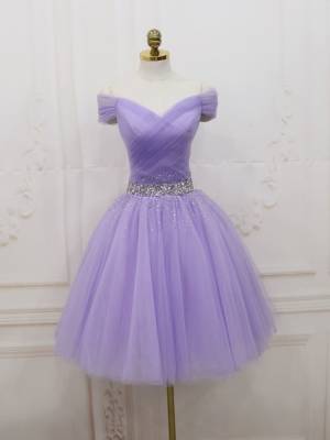 Cute Purple Tulle Off Shoulder Short Homecoming Dress with Beading
