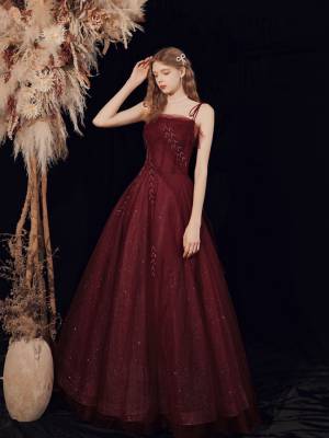 Burgundy Tulle With Sequin Long Prom Formal Dress