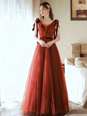 Brick Red Tulle V-neck Long Prom Formal Party Dress