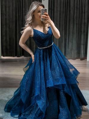 Blue Tulle V-neck With Sequin Long Prom Formal Dress