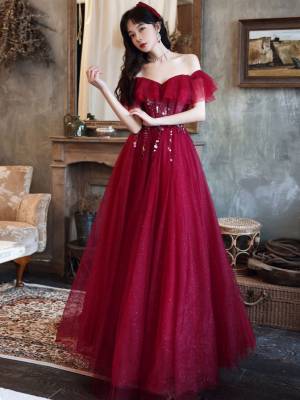 Burgundy Tulle Off-the-shoulder With Sequin Long Prom Evening Dress