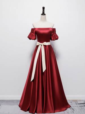Burgundy Satin Simple Long Prom Bridesmaid Dress