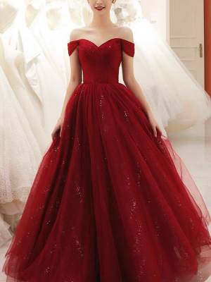 Burgundy Tulle Sweetheart With Sequin Long Prom Bridesmaid Dress