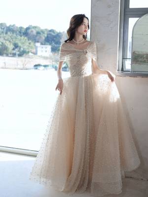 Champagne Tulle With Beads Long Prom Formal Dress