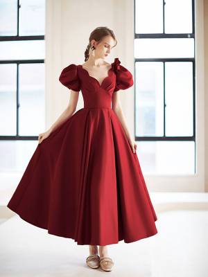 Burgundy V-neck Tea-length Simple Prom Bridesmaid Dress