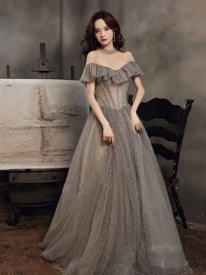 Gray Tulle High Neck With Sequin Long Prom Formal Dress