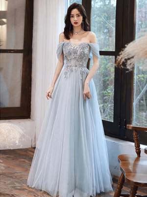 Blue Tulle Lace Off-the-shoulder Long Prom Formal Dress
