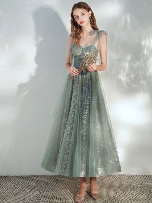 Green Tulle Lace A-line Tea-length Prom Formal Homecoming Dress