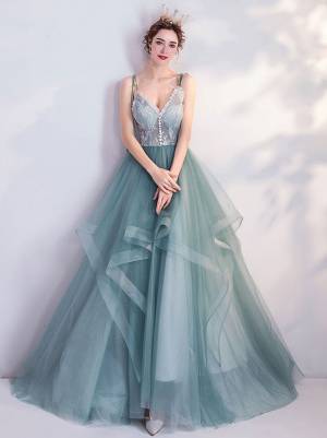 Straps Princess Green Tulle Lace V-neck Evening Dress