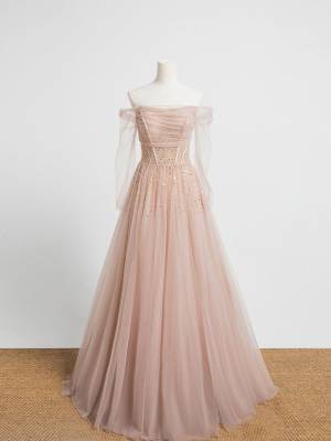 Champagne/Pink Tulle With Beads Long Prom Evening Dress