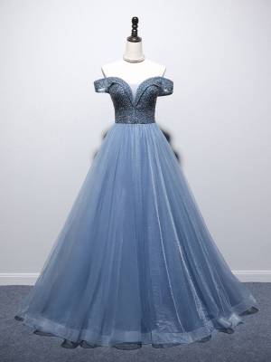 Blue Tulle Sweetheart Off-the-shoulder With Beads Long Prom Dress