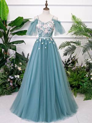 Straps Green Tulle Lace V-neck Long Evening Dress
