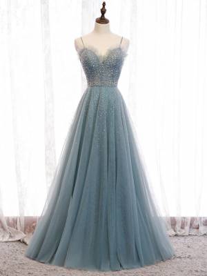 Spaghetti Straps Green Tulle Sweetheart Long Prom Evening Dress With Sequin