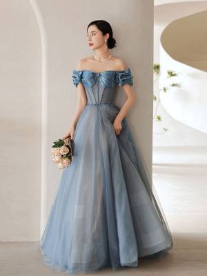 Blue Tulle Sweetheart Off-the-shoulder Long Prom Formal Dress