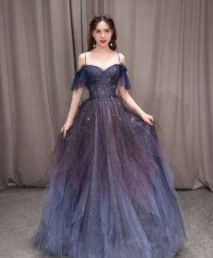Dark/Purple Tulle A-line Long Prom Evening Dress