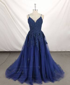 Dark/Blue Tulle Lace V-neck Long Prom Bridesmaid Dress