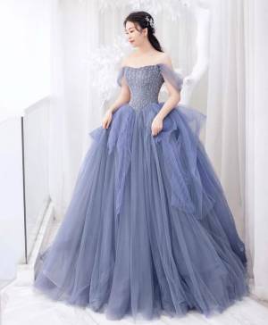 Blue Tulle Sweetheart With Beads/Sequin Long Prom Dress