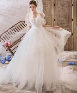 Princess White Tulle Lace V-neck Long Wedding Gown