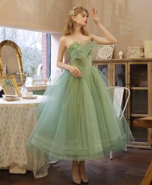 A-line Green Tulle Tea-length Prom Cute Homecoming Dress