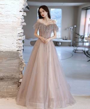 Tulle Lace Off-the-shoulder A-line Long Prom Formal Dress