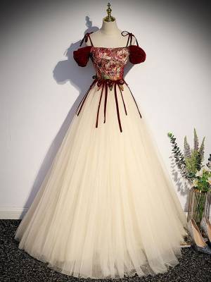 Champagne A-line Ball Gown With Beading/Velvet Long Prom Formal Dress