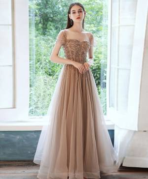 Champagne Tulle With Sequin/Beads Long Prom Formal Dress