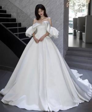 EmpireWhite Satin Off-the-shoulder Ball Gown Bridal Gown