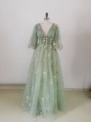 Green Tulle Lace V-neck A-line Long Prom Bridesmaid Dress