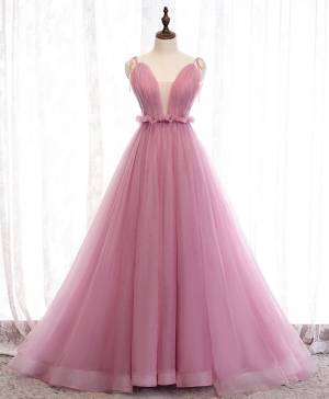 Simple Pink Tulle V-neck Long Prom Formal Dress