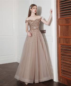 Champagne Tulle With Sequin Long Prom Evening Dress