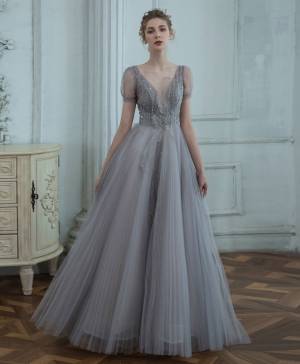 Gray Tulle V-neck With Sequin Long Prom Formal Dress