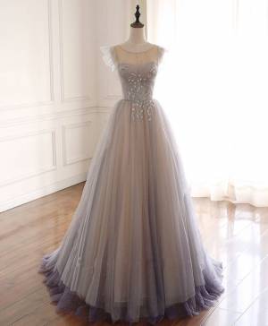 Gray/Purple Tulle Round Neck Long Prom Formal Dress