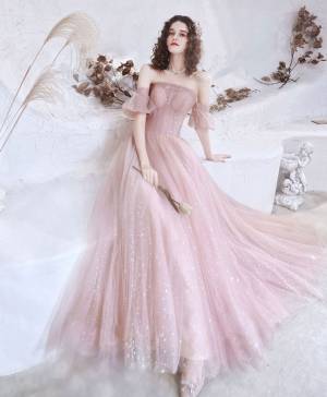 Pink Tulle With Sequin Long Prom Formal Dress
