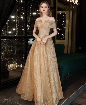 Sexy Gold Tulle Off-the-shoulder Long Prom Evening Dress With Sequin