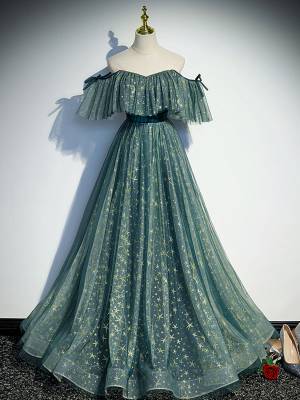Green Tulle A-line Long Prom Formal Evening Dress
