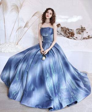 Blue Satin Long Prom Evening Dress