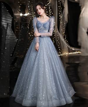 Blue Tulle Lace With Beads Long Prom Sweet 16 Dress