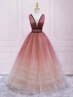 Burgundy Tulle V-neck Long Prom Evening Dress