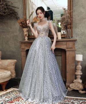 Gray Tulle High Neck With Beads Long Prom Formal Dress