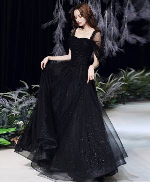 Black Tulle Lace Off-the-shoulder Long Prom Evening Dress