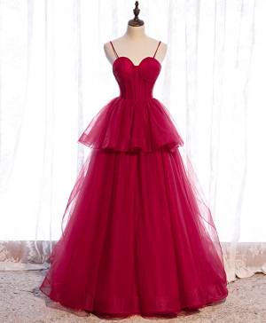 Simple Burgundy Tulle Long Prom Formal Dress