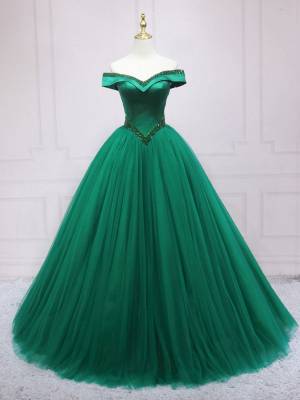 Off-the-shoulder Long Green Tulle Prom Formal Dress