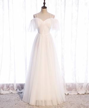 A Line Straps White Tulle Long Prom Bridesmaid Dress