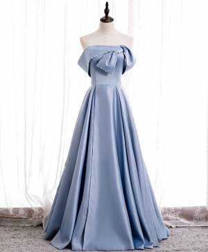 Blue Satin Off-the-shoulder Simple Long Prom Bridesmaid Dress